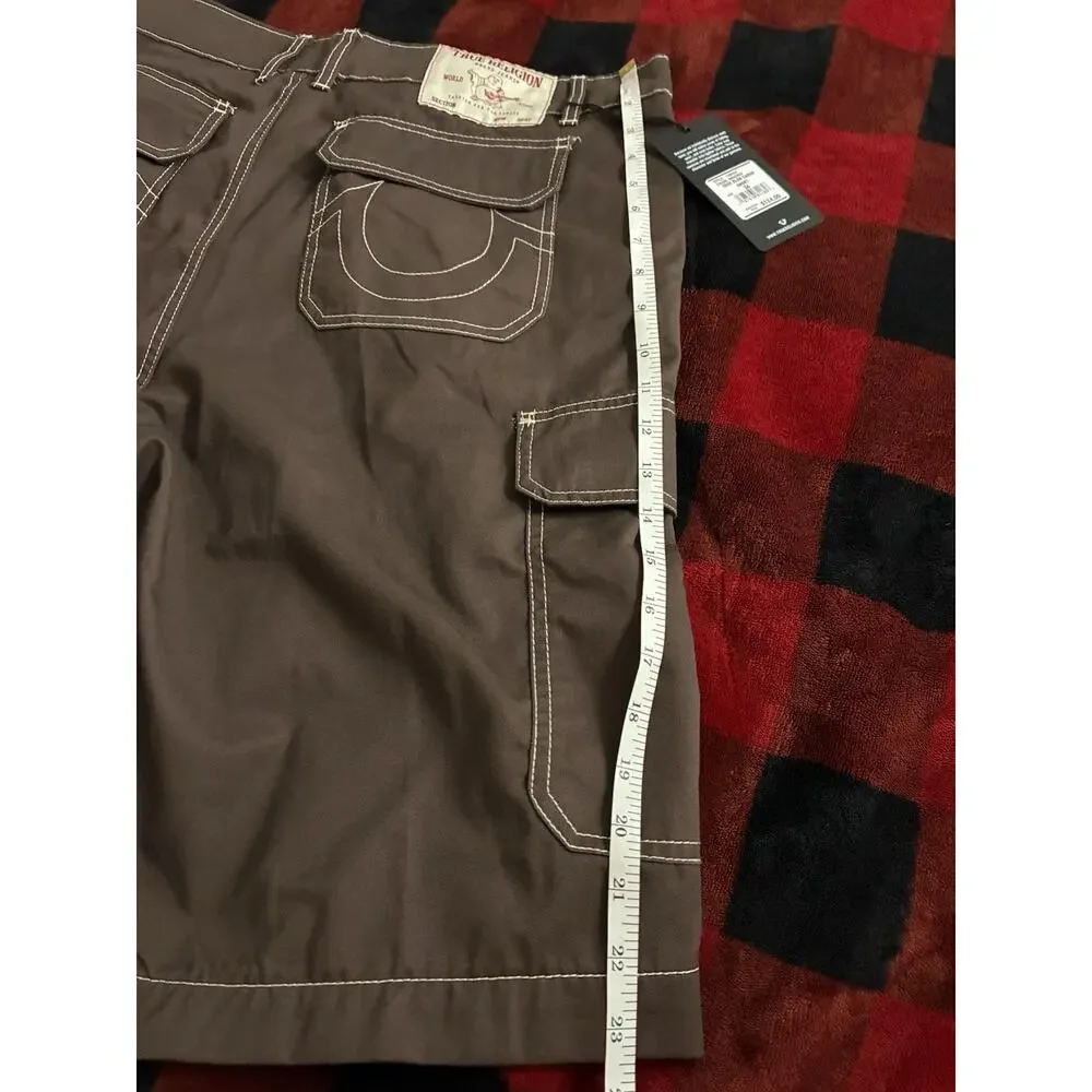 True Religion Mens brown Cargo Shorts white Stitch 34 baggy Y2K back to school
